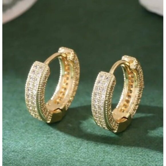 14k Gold Plated Simulated Diamond Huggie Earrings - Picture 2 of 10